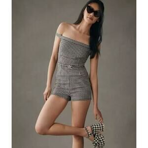 NWT Anthropologie Maeve Gingham Checkered Off-Shoulder Belted Romper Jumpsuit 6
